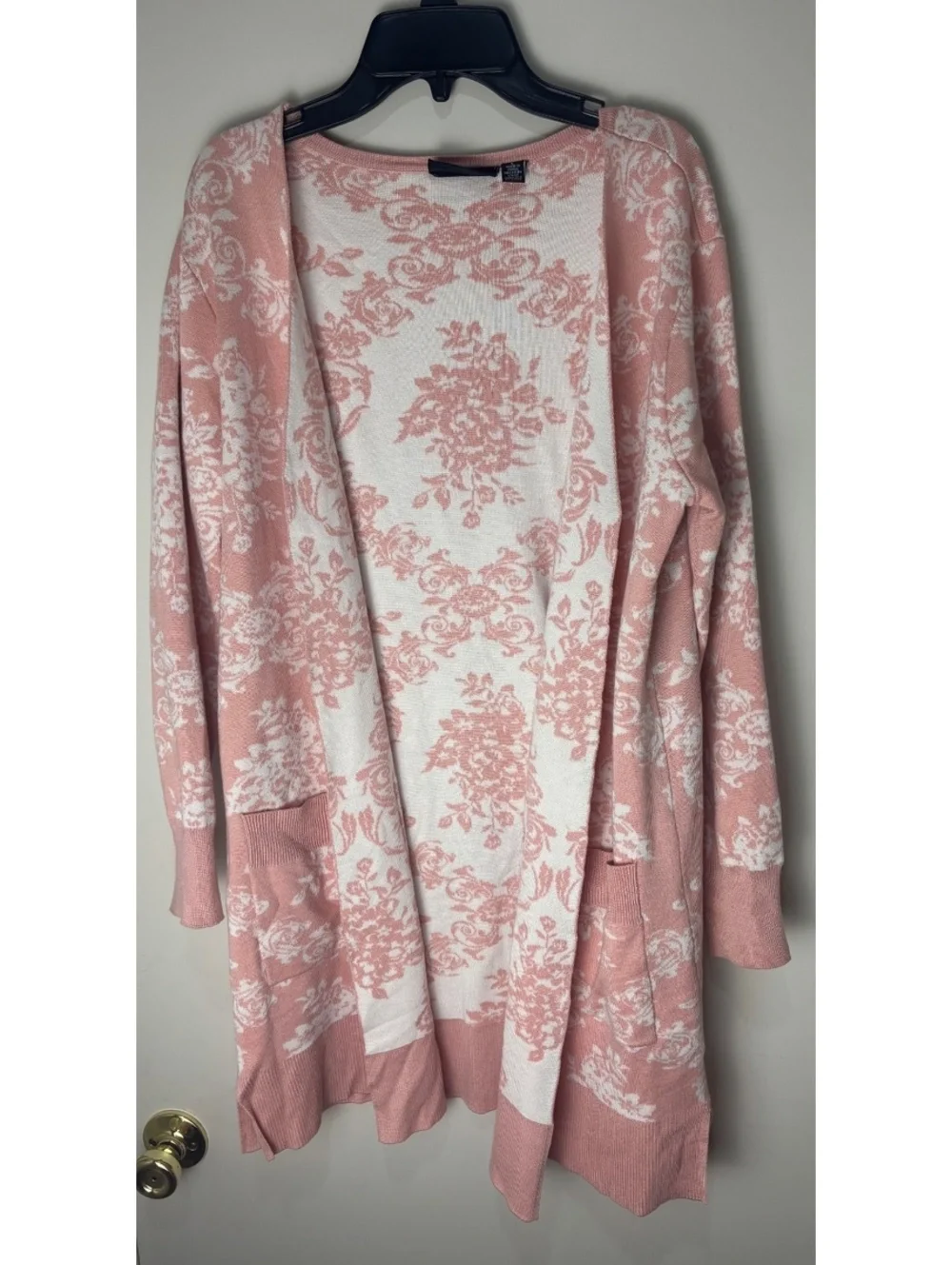 Nina Leonard Women L Pink Floral Jacquard Longline Cardigan Open Front Duster